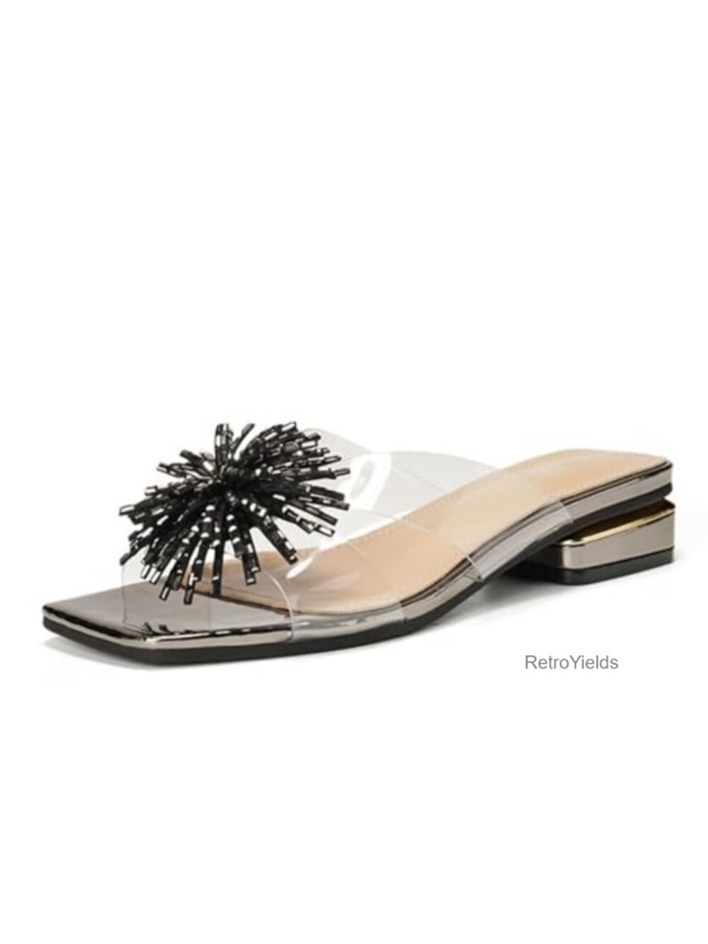 Clear PVC Low Block Heel Slide Sandals Rhinestone Tassel Square Toe Slip-On